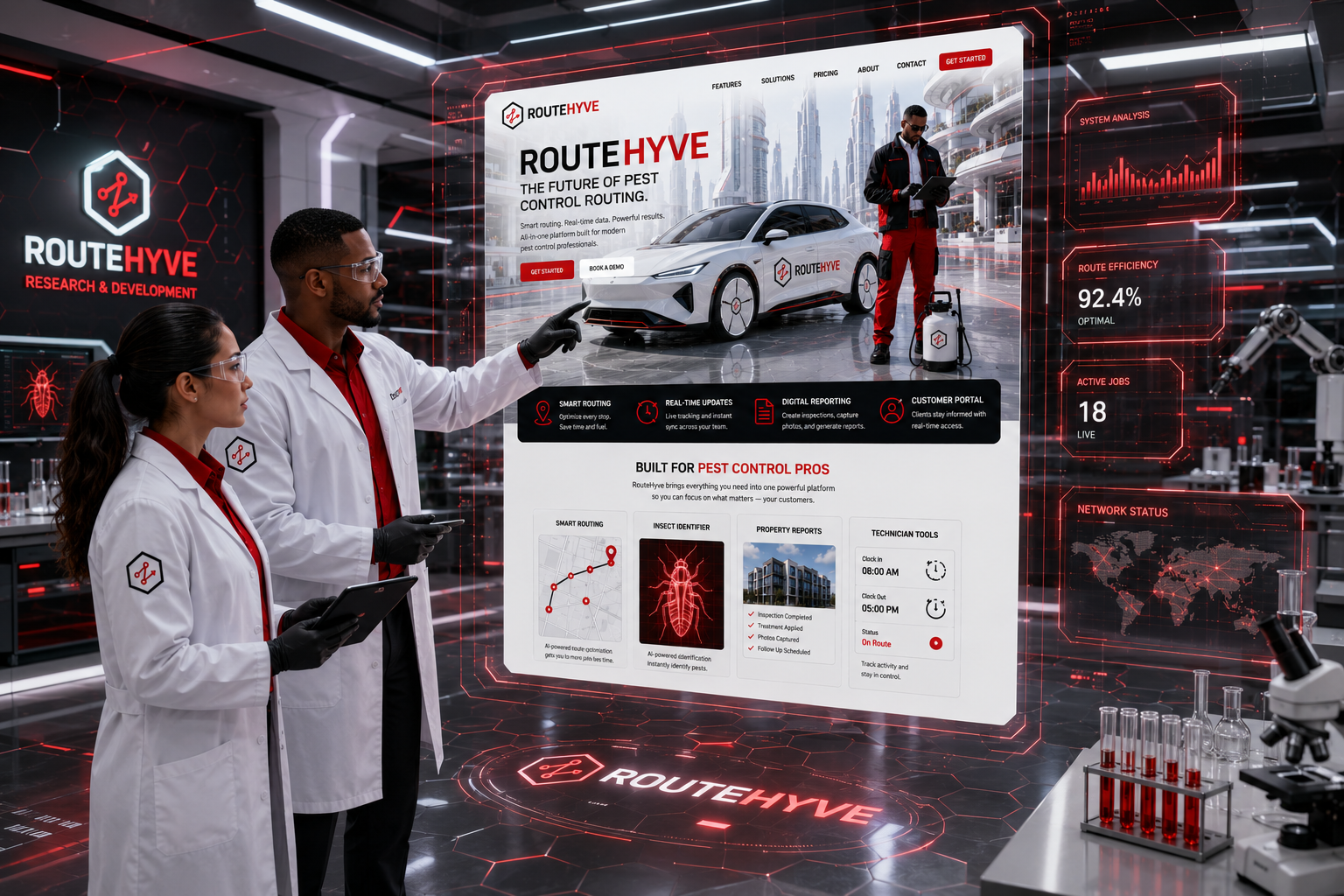 Technician presenting a custom pest control website design