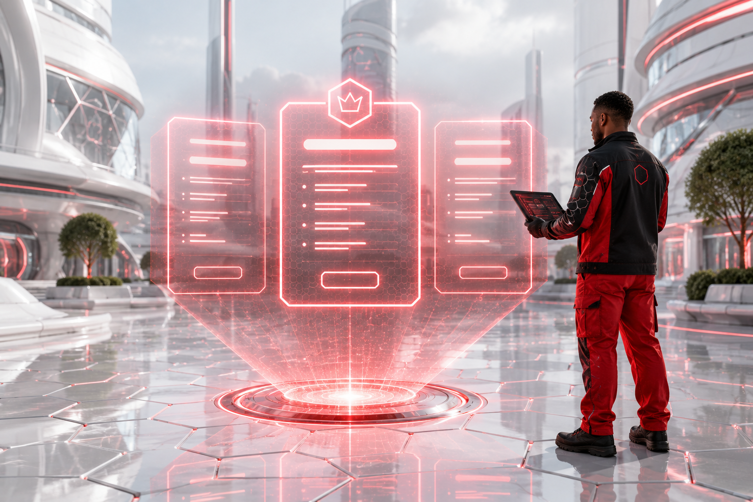 Technician viewing holographic pricing panels